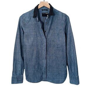 Rag & Bone Womens Blue Chambray Button Up Shirt Black Leather Collar Size Small